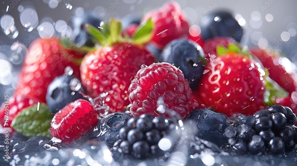 A close-up of fresh berries splashing in water, highlighting their vibrant colors and textures. A close-up of fresh berries splashing in water, highlighting their vibrant colors and textures.