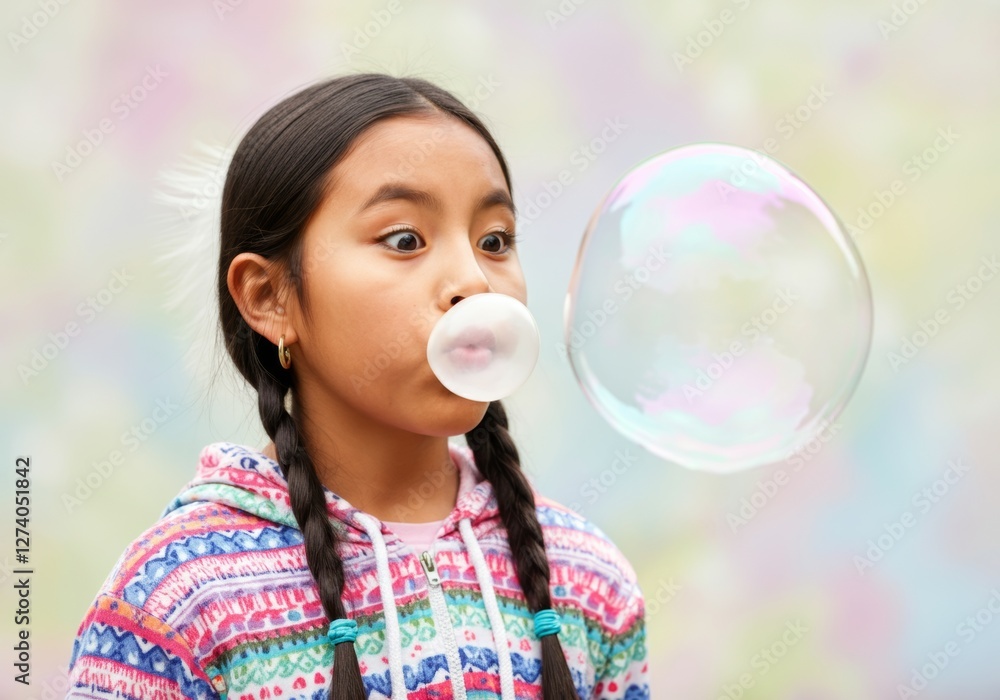 Young girl blowing bubblegum with large soap bubble in multicolored sweater Young girl blowing bubblegum with large soap bubble in multicolored sweater