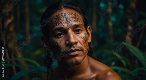 Indigenous Man with Traditional Face Tattoos in Lush Jungle