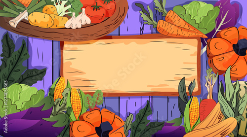 Vegetable frame harvest theme colorful fresh produce surrounding blank wooden sign carrots tomatoes corn pumpkins vibrant purple background website banner