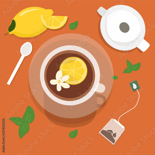 Cup with tea and lemons and Jasmine vector ilustration 