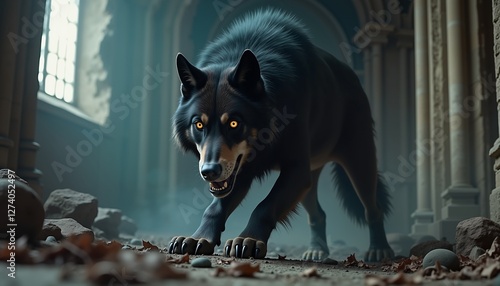 Mysterious black wolf with golden eyes in ancient ruins, symbolizing power and mystery