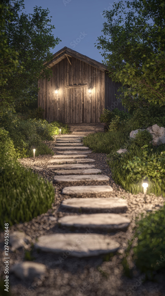 rustic barn style house with stone pathway surrounded by greenery rustic barn style house with stone pathway surrounded by greenery