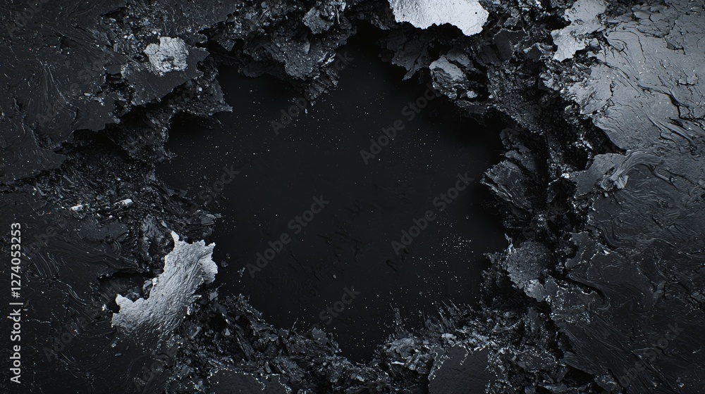 A cracked wall exposes a deep black background, producing a striking visual effect, with jagged edges that enhance the sense of depth and intrigue A cracked wall exposes a deep black background, producing a striking visual effect, with jagged edges that enhance the sense of depth and intrigue