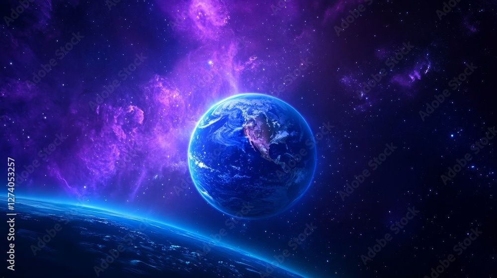 Fototapeta premium Earth From Space in Cosmic Nebula - Stunning view of Earth from space