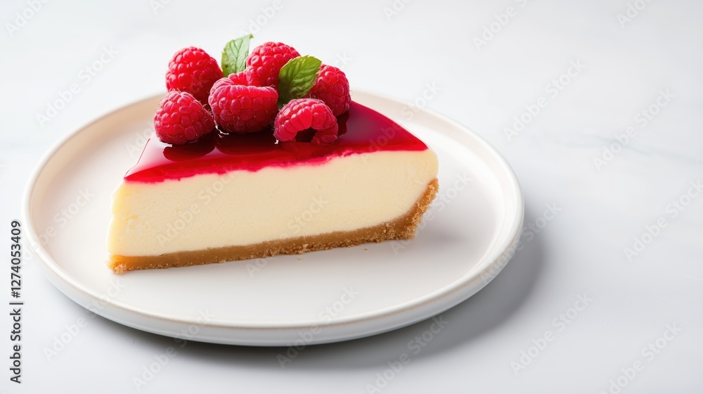 Creamy new york cheesecake slice topped with fresh raspberries and raspberry sauce, served on a white plate on a marble table, offering a tempting dessert Creamy new york cheesecake slice topped with fresh raspberries and raspberry sauce, served on a white plate on a marble table, offering a tempting dessert