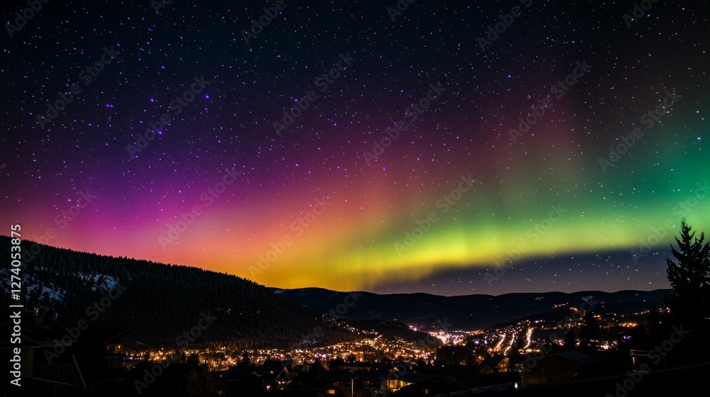 Breathtaking Aurora Borealis Over Mountain Town at Night Sky Breathtaking Aurora Borealis Over Mountain Town at Night Sky