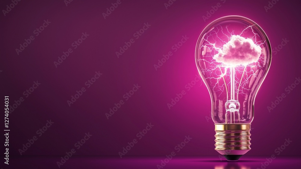 Electric power and radiant static energy, embodied by a purple light bulb and illuminated by a lightning bolt Electric power and radiant static energy, embodied by a purple light bulb and illuminated by a lightning bolt