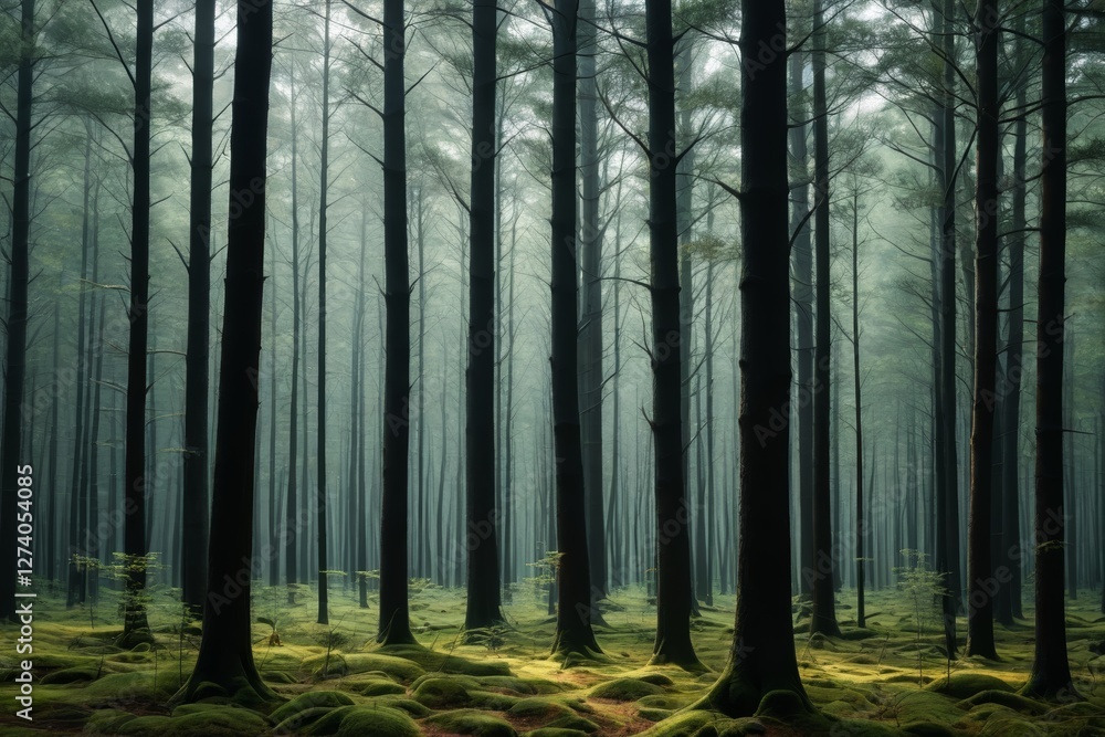 Obraz premium trees in a forest with moss covered ground and a path