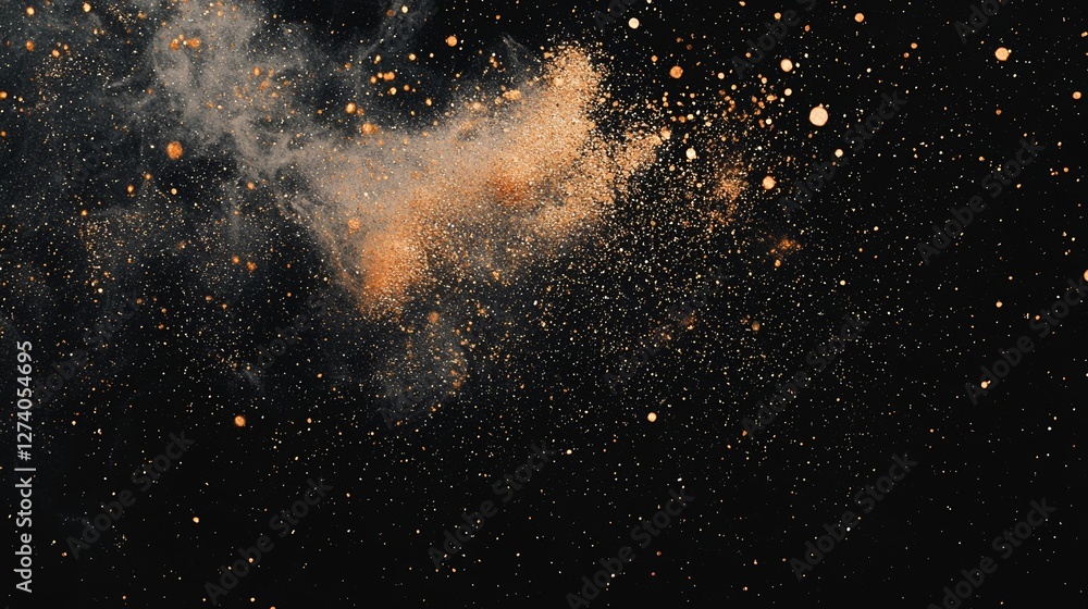 A dark surface serves as the backdrop for an abstract design featuring golden particles and light beams, resulting in a dynamic and elegant visual effect with highlights and textures