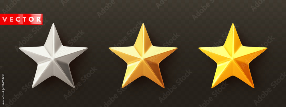 Obraz premium Set of glossy golden 3d stars with shadow in realistic style. Feedback and leadership symbol icon. Gold, silver and yellow metallic trophy star isolated on black background. Vector illustration