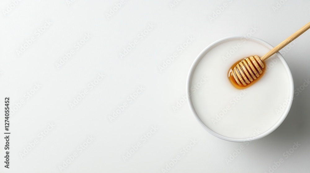 A simple bowl of milk with honey drizzled, showcasing a rustic wooden honey dipper. A simple bowl of milk with honey drizzled, showcasing a rustic wooden honey dipper.