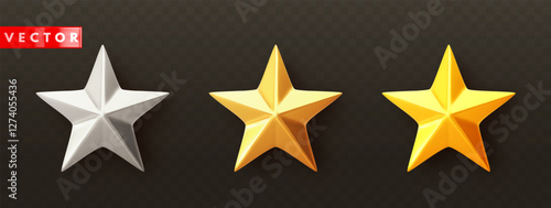 Set of glossy golden 3d stars with shadow in realistic style. Feedback and leadership symbol icon. Gold, silver and yellow metallic trophy star isolated on black background. Vector illustration