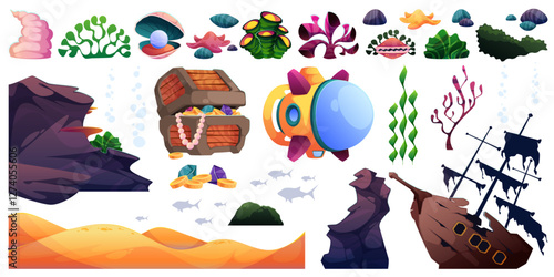 Cartoon underwater environment elements collection. Vector isolated sunken pirate ship and chest with gold and jewels, coral reefs and seaweeds, starfishes and shells, seafloor sand and rocks