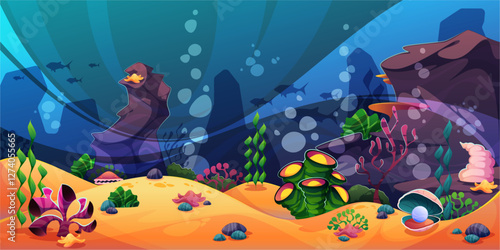 Cartoon underwater landscape. Vector subaqueous environment with boulders, algae and mollusks, schools of fish and coral reefs. Seafloor flora and fauna, oceanic and aquatic decorations