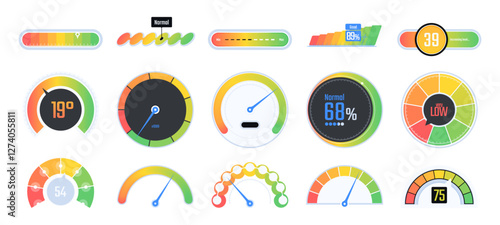 Speedometer, gauge meter icons set. Vector scale graphics, level of performance. Speed dial indicator. Low and high barometers, dashboard with arrows. Infographic of risk and score progress