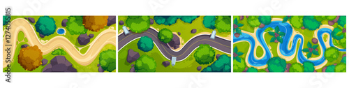 Meandering river, dirt and asphalt curved roads. Vector cartoon mountainous or flat landscape. Environment with bushes, trees and stones, view from above. Rural areas, geography and travel