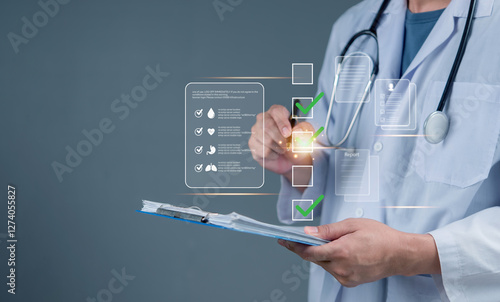 Healthcare innovation with doctor managing digital checklist, smart medical data, AI-driven analysis, virtual patient management, and advanced telemedicine technology.