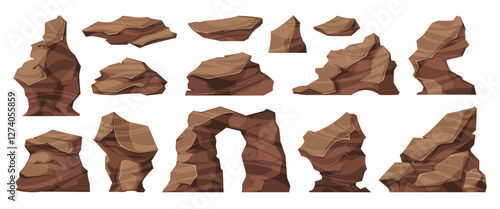 Rocks and boulders set. Vector isolated solid, naturally occurring substances made up of minerals or mineraloid matter. Cartoon game art stones of different shapes, texture and sizes