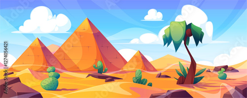 Giza plateau landscape with egyptian pharaohs pyramids complex. Vector desert environment with cactuses, palm tree and stones. Ancient historical, famous tourist attractions in african wasteland