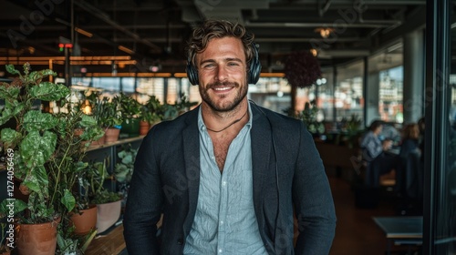 A call center's customer service representative, who is happy, handles technical support and communicates with customers for telemarketing purposes