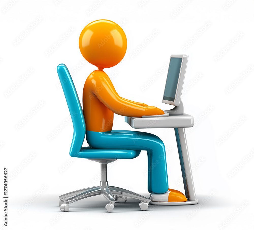 Orange figure using a computer at a desk, representing technology and productivity in a minimalist workspace Orange figure using a computer at a desk, representing technology and productivity in a minimalist workspace