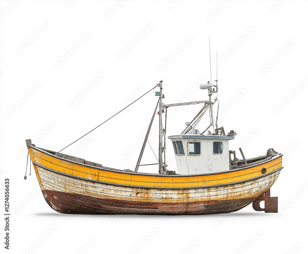 Old fishing boat with yellow trim resting on dry land near the coast in a serene setting Old fishing boat with yellow trim resting on dry land near the coast in a serene setting