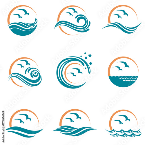 abstract collection of sea waves with seagulls and sun isolated on white background