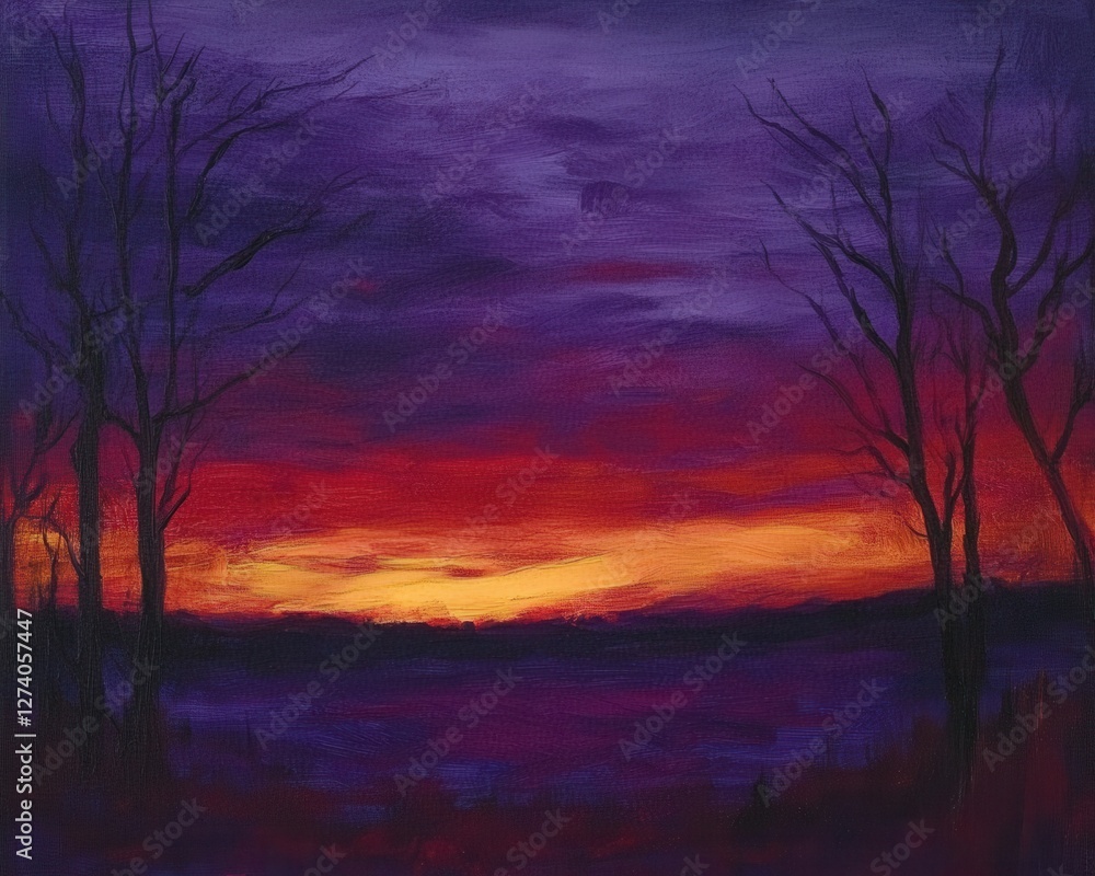 Fototapeta premium Dramatic Purple Sunrise Landscape Oil Painting