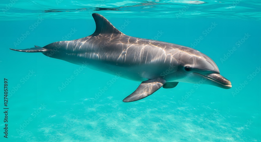 Naklejka premium Dolphin Swimming Underwater in Clear Turquoise Water Marine Animal