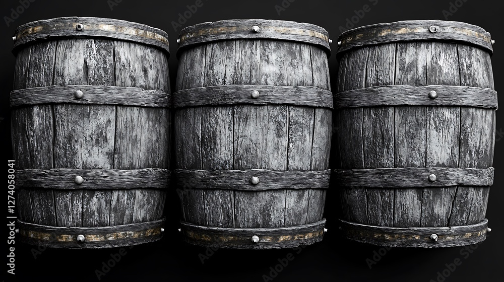 Three aged oak barrels, dark studio Three aged oak barrels, dark studio