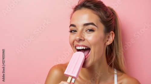 Happy Young Woman Enjoying Pink Ice Pop Against Pink Background