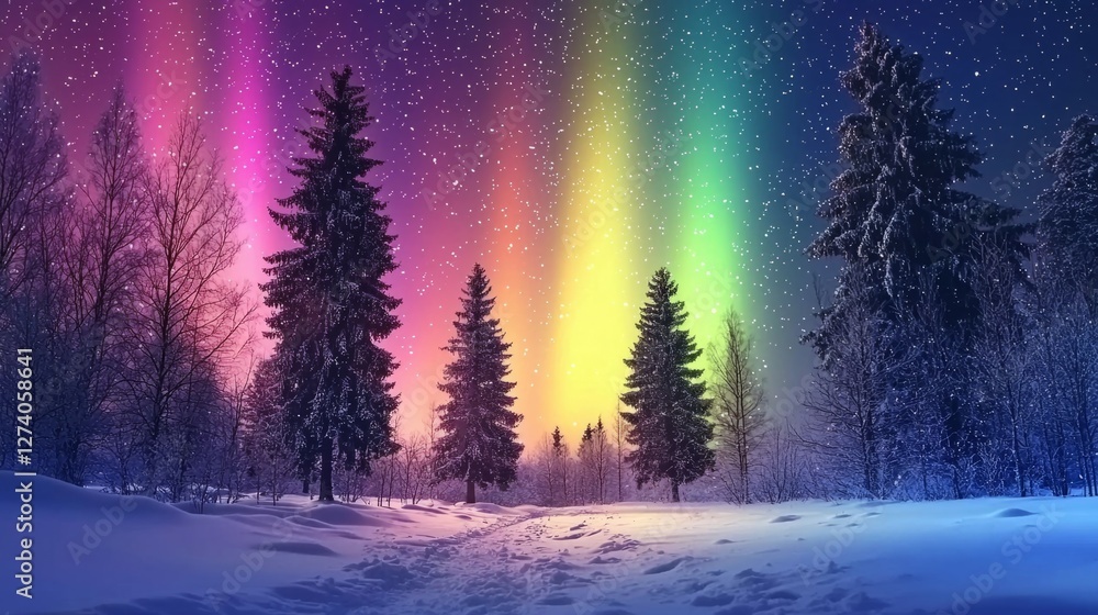 Captivating Aurora Borealis Illuminating Snowy Pine Forest Scene Captivating Aurora Borealis Illuminating Snowy Pine Forest Scene