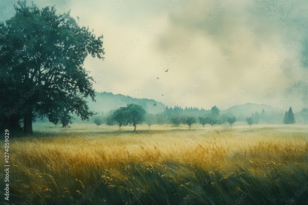 Obraz premium watercolors applied to paper, capturing the essence of a serene countryside scene.