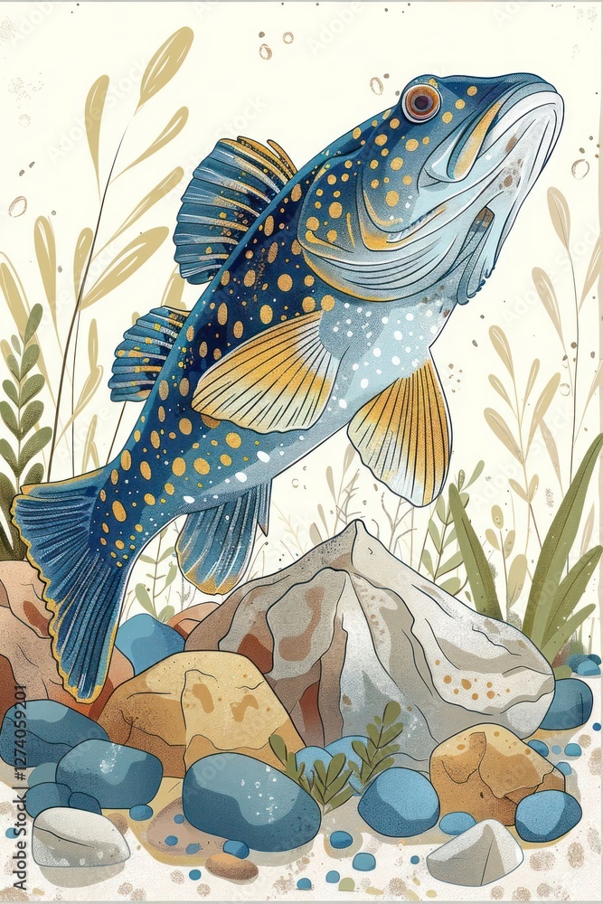 Naklejka premium A colorful illustration of a fish swimming above rocks and aquatic plants.