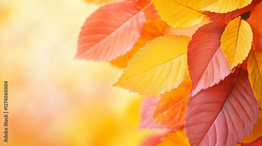 Vibrant autumn leaves in red and yellow hues create warm atmosphere Vibrant autumn leaves in red and yellow hues create warm atmosphere