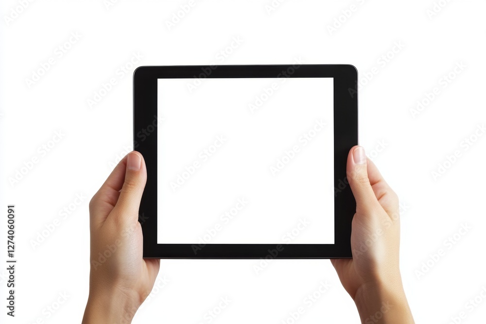 Hands holding blank tablet, white background, mockup, app Hands holding blank tablet, white background, mockup, app