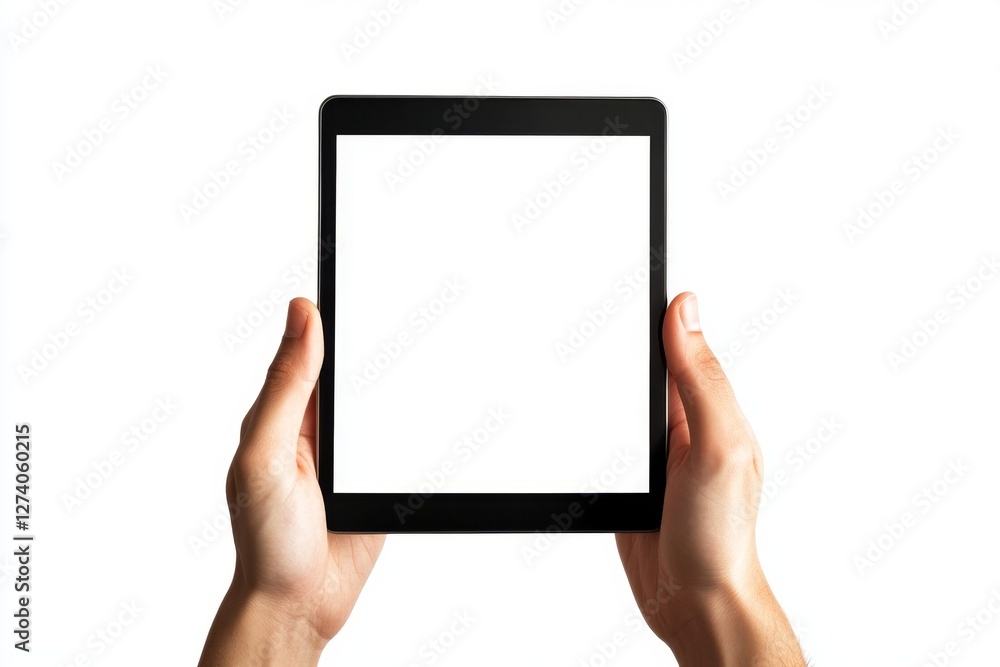 Hands holding blank tablet screen, white background Hands holding blank tablet screen, white background