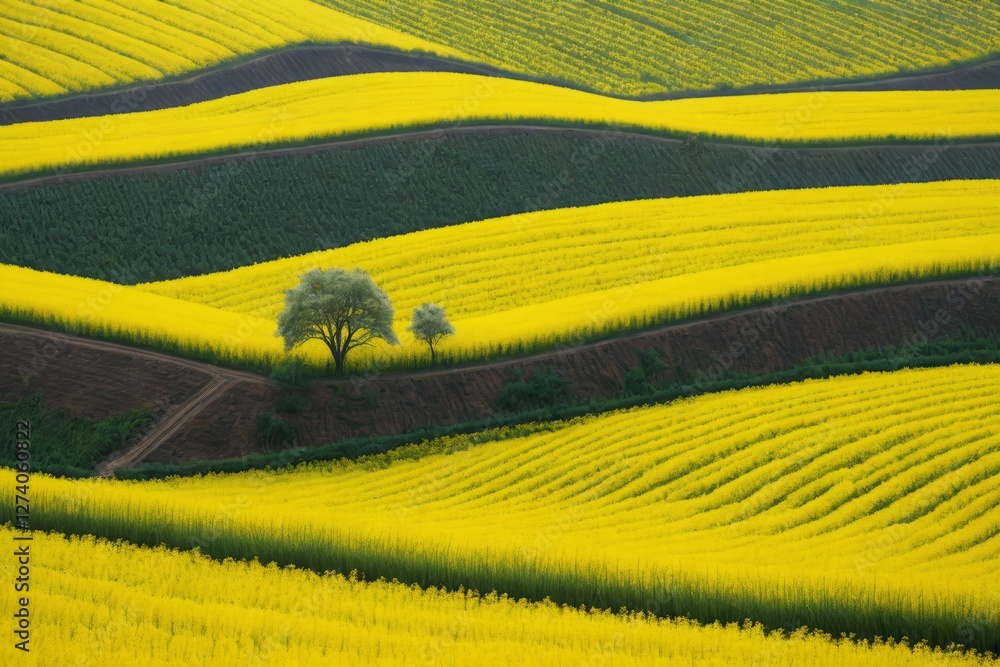 Fototapeta premium arafed field of yellow flowers with a lone tree in the middle