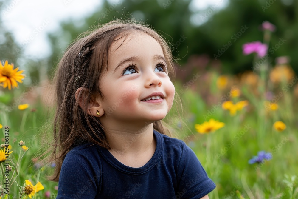 A delighted little girl smiles brightly while sitting amidst a bouquet of wildflowers, capturing the essence of childhood joy and the beauty of nature in full bloom. A delighted little girl smiles brightly while sitting amidst a bouquet of wildflowers, capturing the essence of childhood joy and the beauty of nature in full bloom.
