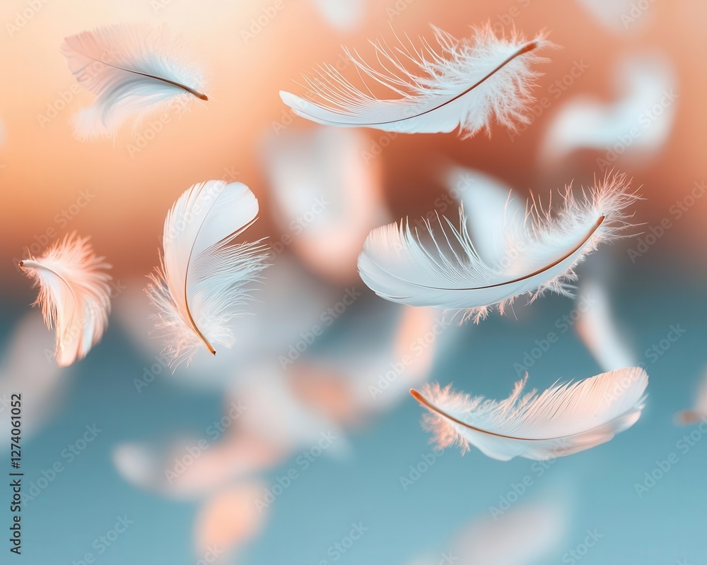 Naklejka premium Floating feathers in soft golden light, capturing the lightness of being through meditation
