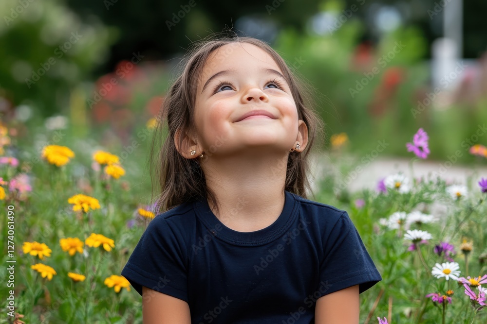 A young girl with a bright smile looks up while seated in a vibrant flower bed, showcasing the beauty of childhood joy amidst a kaleidoscope of colors and blooms. A young girl with a bright smile looks up while seated in a vibrant flower bed, showcasing the beauty of childhood joy amidst a kaleidoscope of colors and blooms.