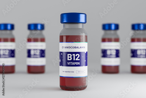 a liquid vitamin b12 the clinic table. 3d render. health and medical concepts