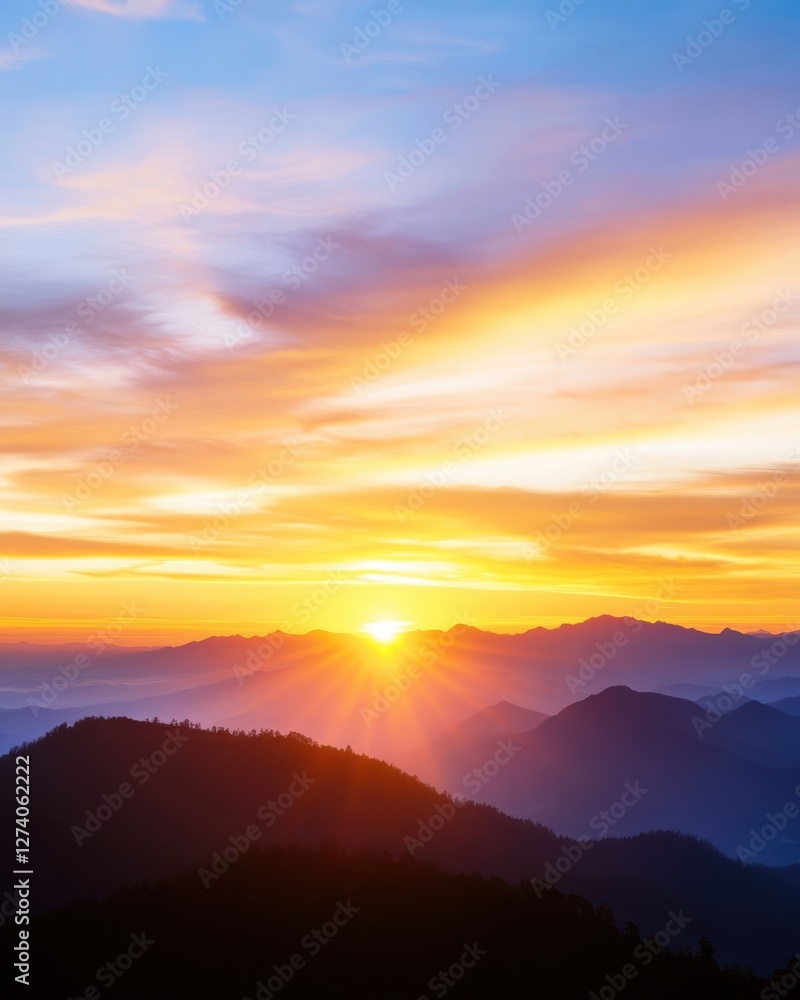Obraz premium A golden-hour sky filled with vibrant orange, pink, and purple hues as the sun begins to set.
