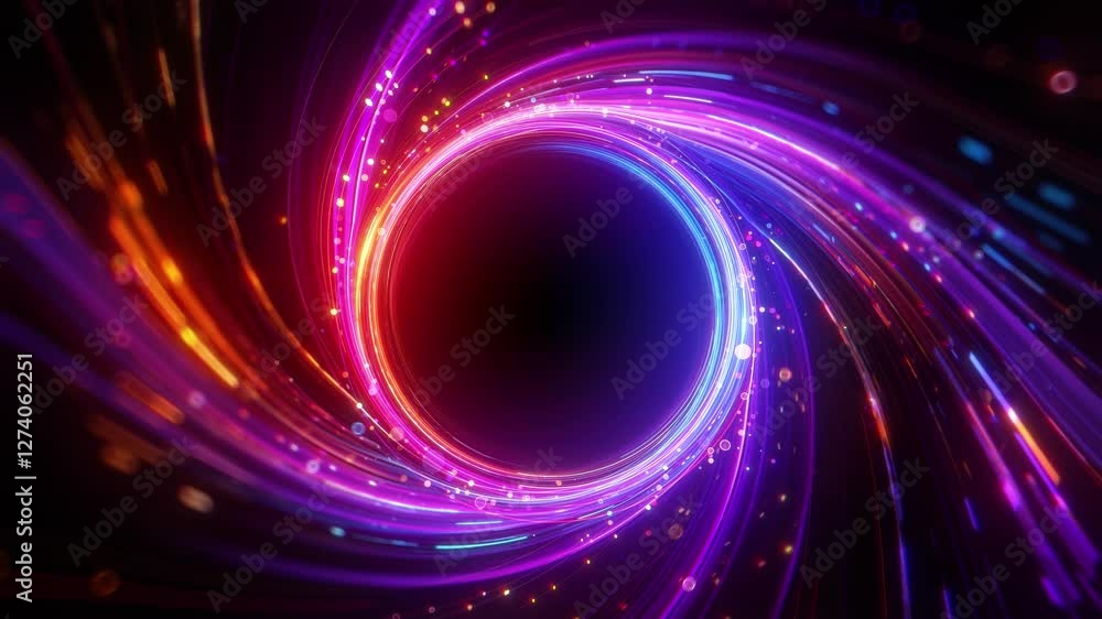 Design of a moving particle flow in a circle, abstract network background. Concept of crypto currency, big data, block chain and digital technology. 3d animation with free copy space for text or logo
