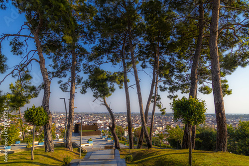 Pine trees on a hill in Turkbeleni park at sunset with a panorama of Manavgat town and the Mediterranean Sea.  Antalya province, Turkey
