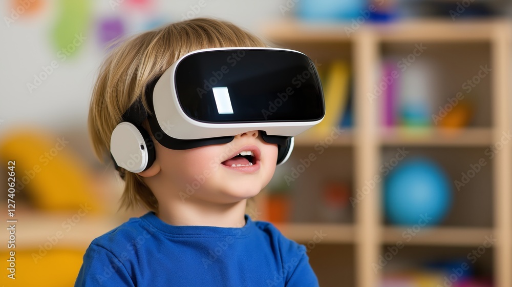 Caucasian child experiencing virtual reality with headset indoors Caucasian child experiencing virtual reality with headset indoors