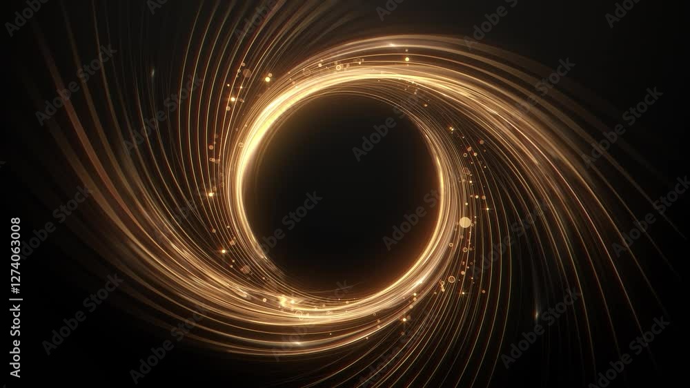 A geometric and luxury golden circle rotates with glowing particles and lines on black background. 3d endless loop animation with free copy space for text or logo. 4k resolution