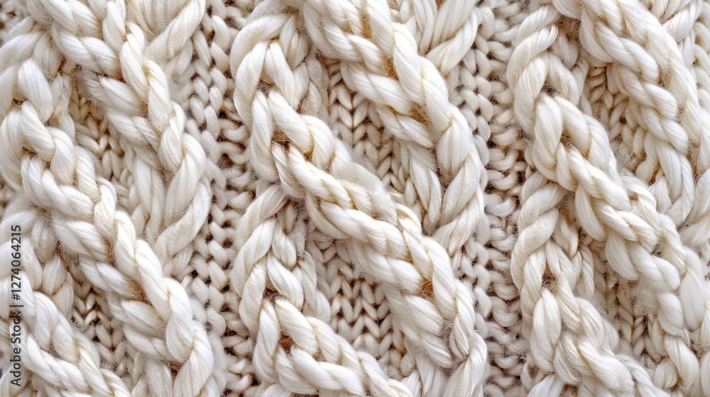 Close-up of a textured cream-colored knitted fabric with braided patterns. Close-up of a textured cream-colored knitted fabric with braided patterns.