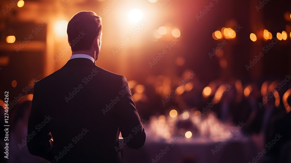 Business professional delivers an inspiring speech at a formal event in an elegant venue with soft lighting Business professional delivers an inspiring speech at a formal event in an elegant venue with soft lighting